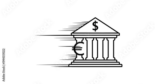 Fast Bank Transfer: Euro and Dollar Symbols on Moving Building Icon