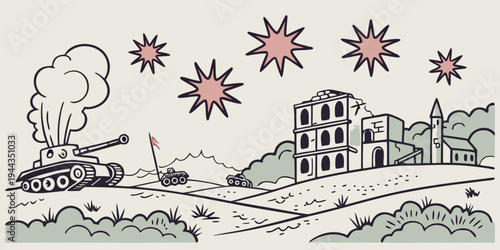 A detailed illustration of a large tank moving through a rural landscape with buildings and explosions.