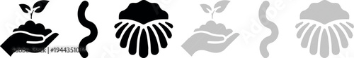 Nature and growth themed icons showcasing a hand holding a sprouting plant, a garden worm, and an organic shell shape, presented in both solid black and striped outline vector graphics.