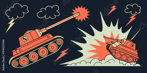 A detailed illustration of a tank firing its cannon with explosions in the background