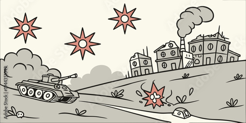 A vintage train traveling through a mountainous landscape with explosions and smoke.