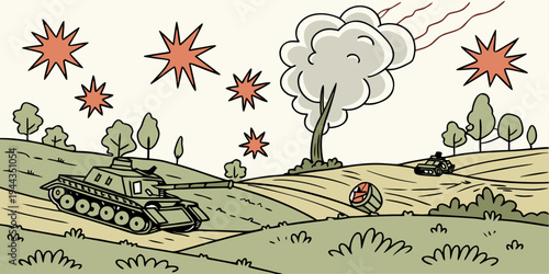 A detailed illustration of a tank and soldiers in a battlefield with explosions in the background.