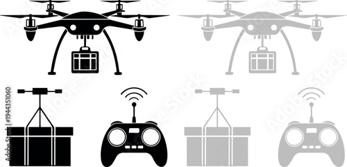 Set of drone technology icons, including an unmanned aerial vehicle carrying a package, a separate package, and a remote control, depicted in solid black and striped outline styles for various uses.