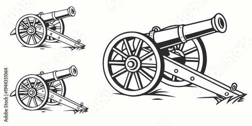 Three historical cannons with arrows pointing towards targets in a line formation