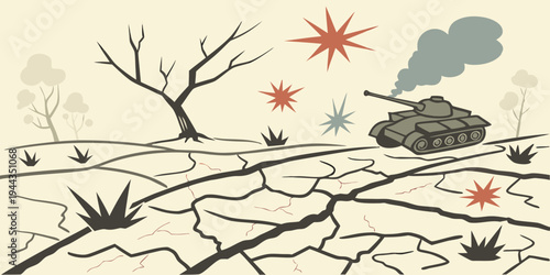 Dry cracked earth with a small explosion and a tank in a barren landscape
