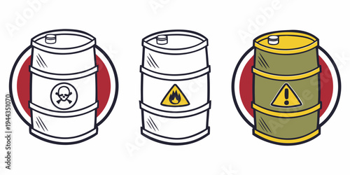 Three different types of drums with hazard symbols and warning labels on them