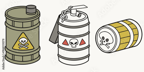 Assorted hazardous material containers including a barrel, can, and spray can with warning symbols