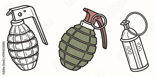 Three distinct hand grenades displayed in a row with different pin and handle designs