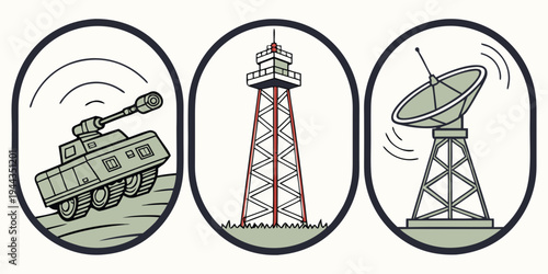 Three illustrations of military equipment including a tank, radio tower, and satellite dish