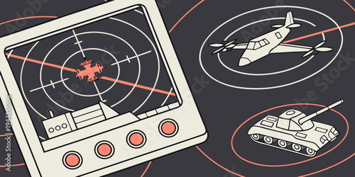 A detailed illustration of a vintage space-themed postcard featuring a rocket and planets.