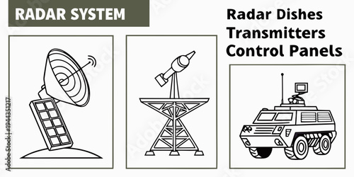 Radar system components including radar dishes, transmitters, and control panels