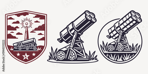 Three vintage military insignias featuring cannons and shields with intricate designs.