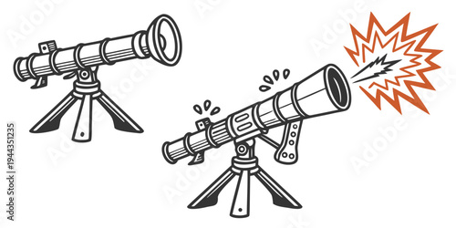 Two telescopes with one showing an explosion through its lens