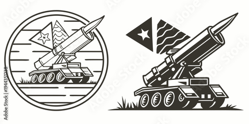 Two military missile launchers with different missile types in black and white