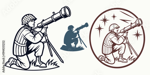 Astronomer observing the night sky with a telescope and star map