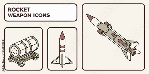 A collection of various rocket and weapon icons including a missile launcher, rocket, and jet.