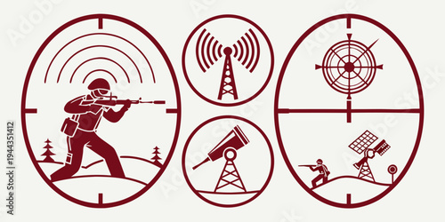 A collage of four images depicting a person skiing, a radio tower, a wind turbine, and a satellite dish.