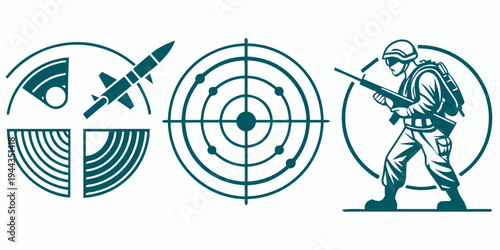 A soldier stands in a combat stance with a rifle, surrounded by various military symbols.