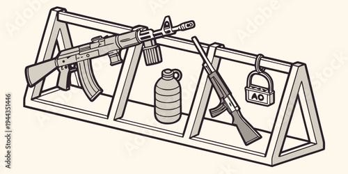 A wooden shelf with various items including a bottle, a vase, and a plant.