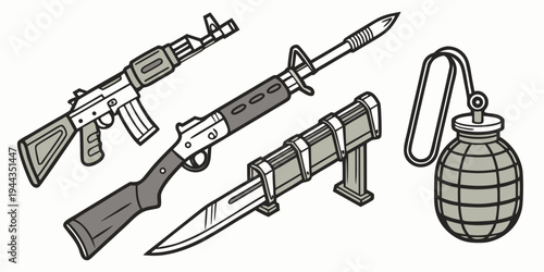 Assorted weapons including a rifle, handgun, knife, grenade, and bayonet