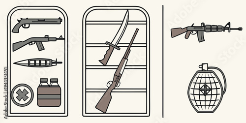 Assorted weapons including rifles, grenades, and a bomb displayed in a collage.