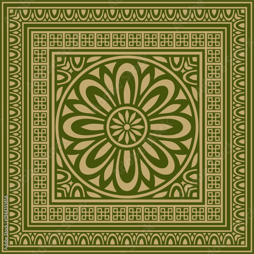 Classic Greek green and gold square ornament. Vector pattern, ancient Hellenic rectangle. European border.