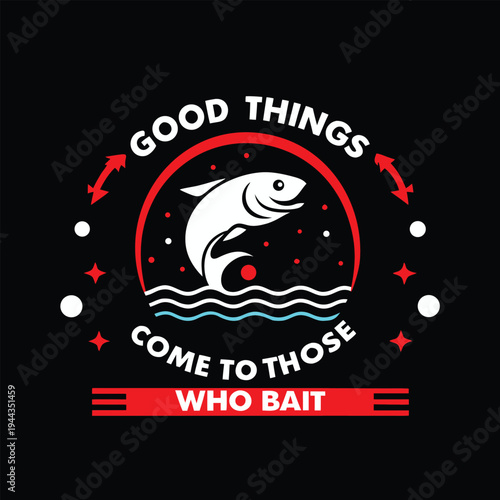 White fish leaps from blue waves inside a red ring on a black background
