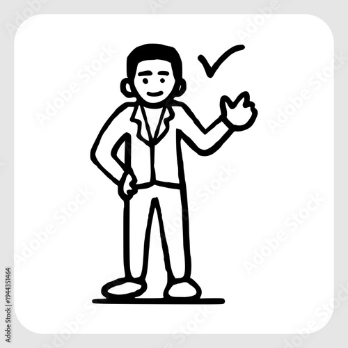 Professional Business Character with Approved Sign Illustration in Hand Drawn Black Line Art for Success and Recruitment Themes.