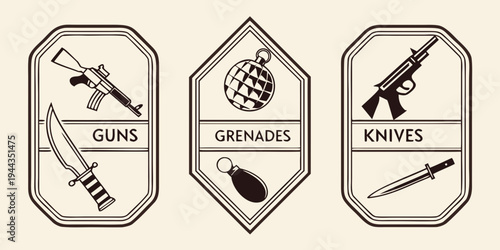 Three distinct icons representing guns, grenades, and knives for a game or application