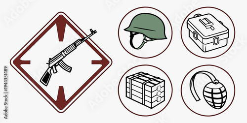 Assorted symbols representing war, conflict, and military equipment