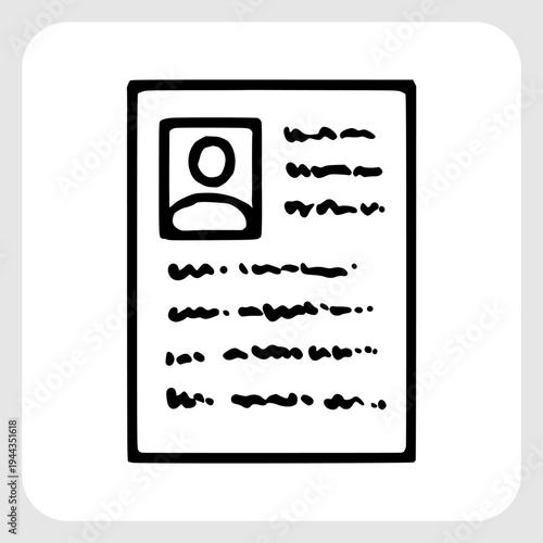 Professional Employee Resume or Biodata Document Illustration in Minimalist Black Line Art for Recruitment and Hiring Themes.