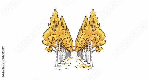 Autumn path lined with golden trees, fallen leaves scattered on the ground