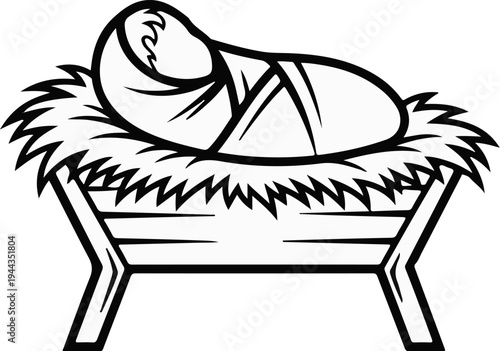Baby resting in a straw-filled manger, a simple outline depiction