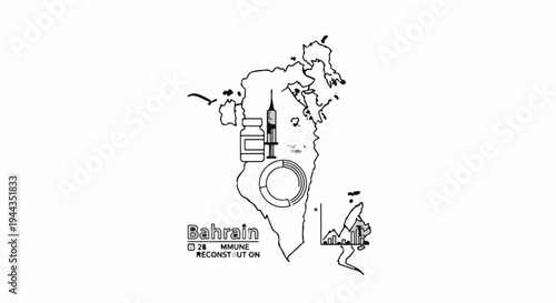 Bahrain map with medical icons, charts, and text about immune reconstitution
