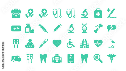 Medical icon collection including ambulance, stethoscope, DNA, microscope, medicine, and healthcare equipment.