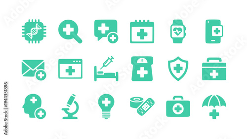 Medical service icons including hospital bed, medicine, healthcare tools, emergency care, and medical devices.