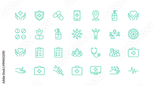Medical care icon collection including patient support, protection, medicine, health monitoring, and hospital services.