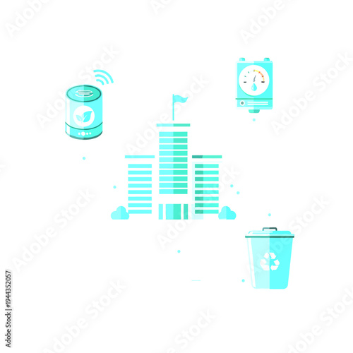 Smart city and sustainable living concept. Eco-friendly technology, smart home automation, energy efficiency, and recycling icons.