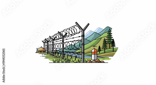 Barbed wire fence with thatched hut, river, trees, and mountains