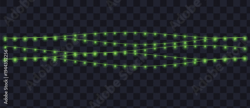 Multiple wavy strings of bright green lights twinkle beautifully, creating a magical celebratory effect