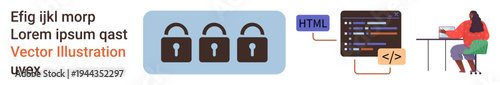 Cybersecurity, coding, data protection, software development, online privacy, encryption. Padlock icons, coding interface and a female coder working at a desk. Cybersecurity and coding