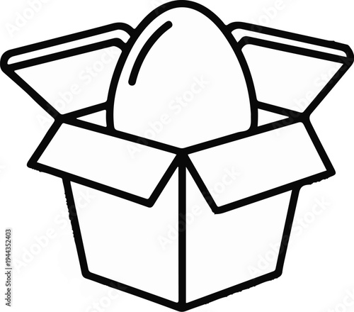 An egg sits upright in an open cardboard delivery box