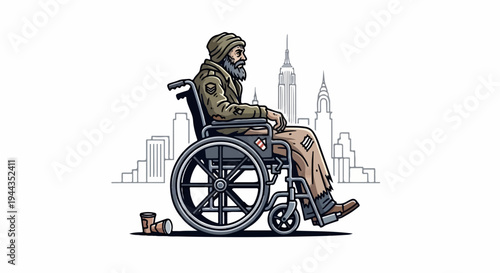 An elderly man in a wheelchair, tattered clothes, sits before a city skyline