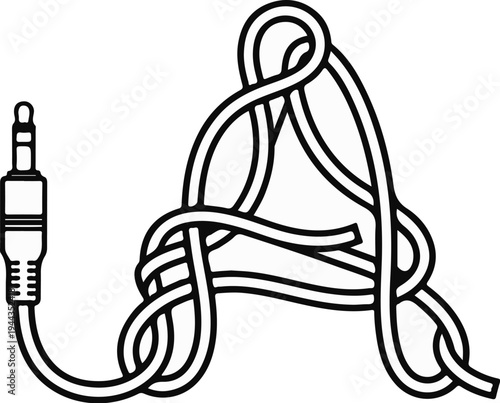 An audio jack and cable are intertwined forming a tangled knot shape
