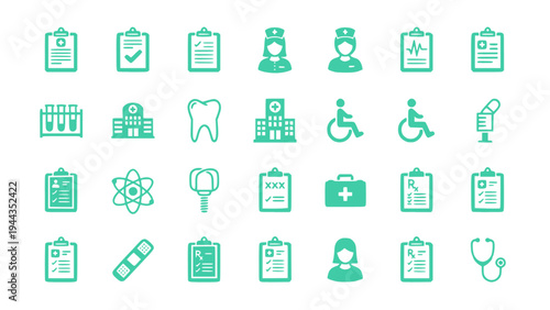 Healthcare document icons including medical reports, patient records, prescription forms, and hospital administration.