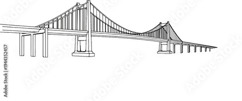 An artistic line drawing of a suspension bridge with two towers and cables