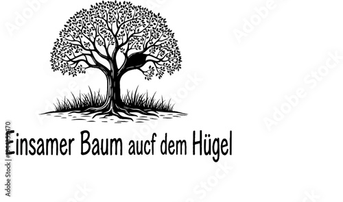 An artistic black and white illustration of a lone tree with detailed leaves and roots on a mound