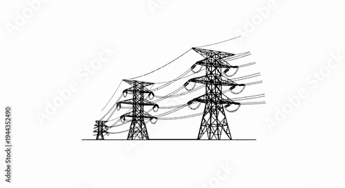 An array of electrical transmission towers with wires stretching across
