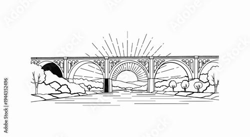 An arched viaduct spans a river under a stylized sunburst at dawn or dusk