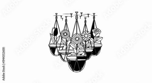 Black and white illustration of hanging planters with flowers